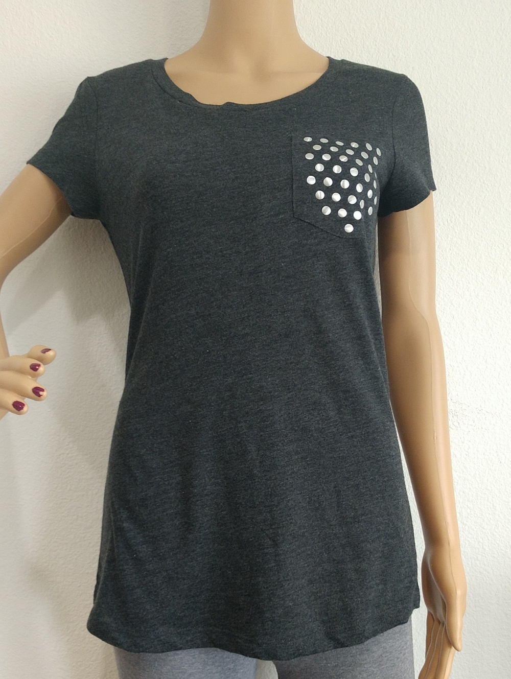 Miley Cyrus & Max Azria Dark Gray Short Sleeve Pocket Tee with Silver Studs